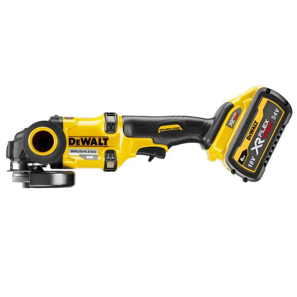 XR FLEXVOLT 54V/18V 125mm brushless mini-grinder with 2 6Ah batteries and Dewalt DCG418T2 case