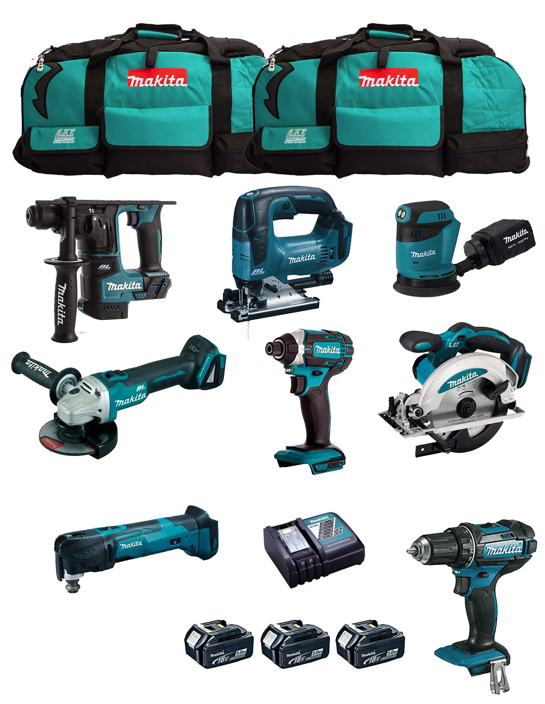 Makita kit with 8 tools + 3 5.0Ah bat + charger + 2 bags DLX8171BL3