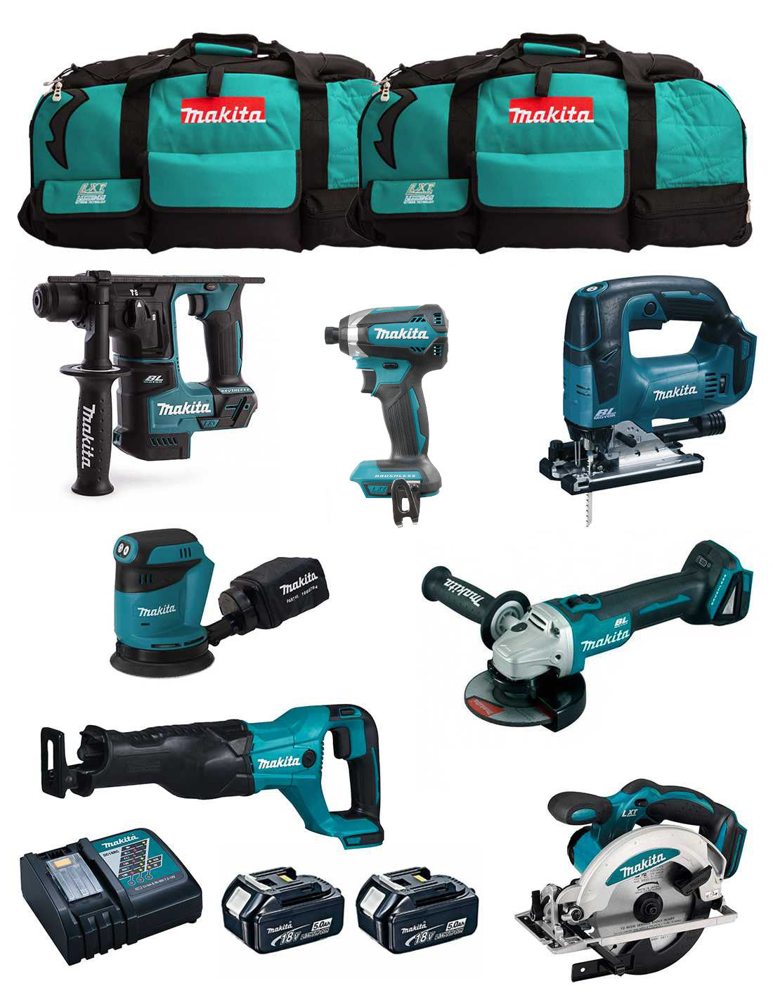 Kit Makita 7 herramientas + 2bat 5Ah + cargador + 2 bolsas LXT600 DLX7171BL2