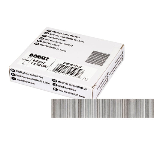 Caja 20.000uds mini pins sin cabeza para clavadora de acabados 0.6mm x 18mm Dewalt DNBHL2318Z