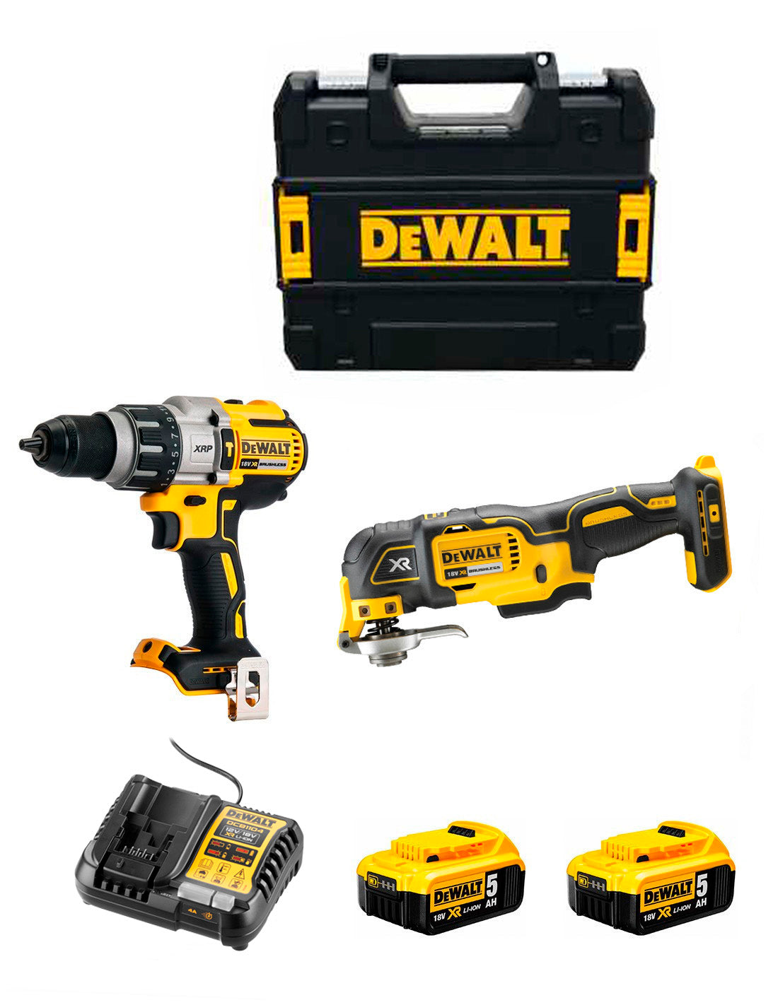 Kit Dewalt Taladro Percutor DCD996 + Multi-herramienta DCS356 + 2bat 5Ah + cargador + Maletin DCK280P2