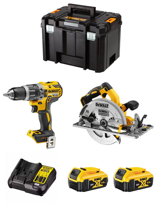 Kit Dewalt Taladro Percutor DCD996 + Sierra Circular DCS572 + 2bat 5Ah + cargador + TSTAK VI DCK296P2