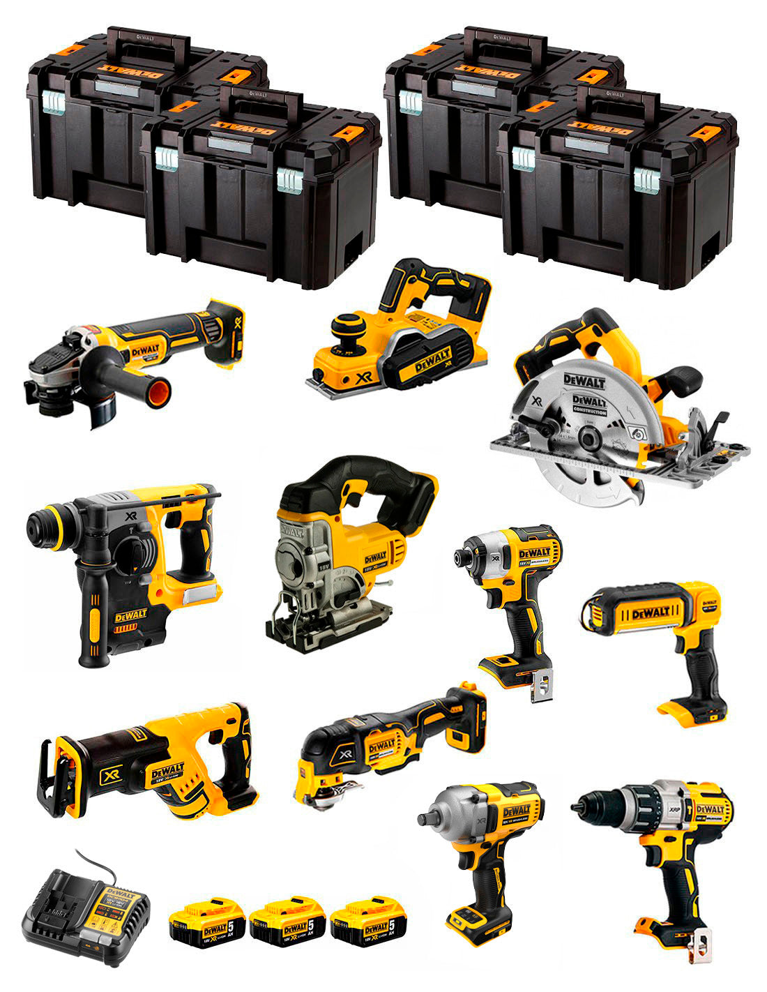 Kit Dewalt 11 herramientas + 3bat 5Ah + Cargador DCB1104 + 4xTSTAK DCK116P3