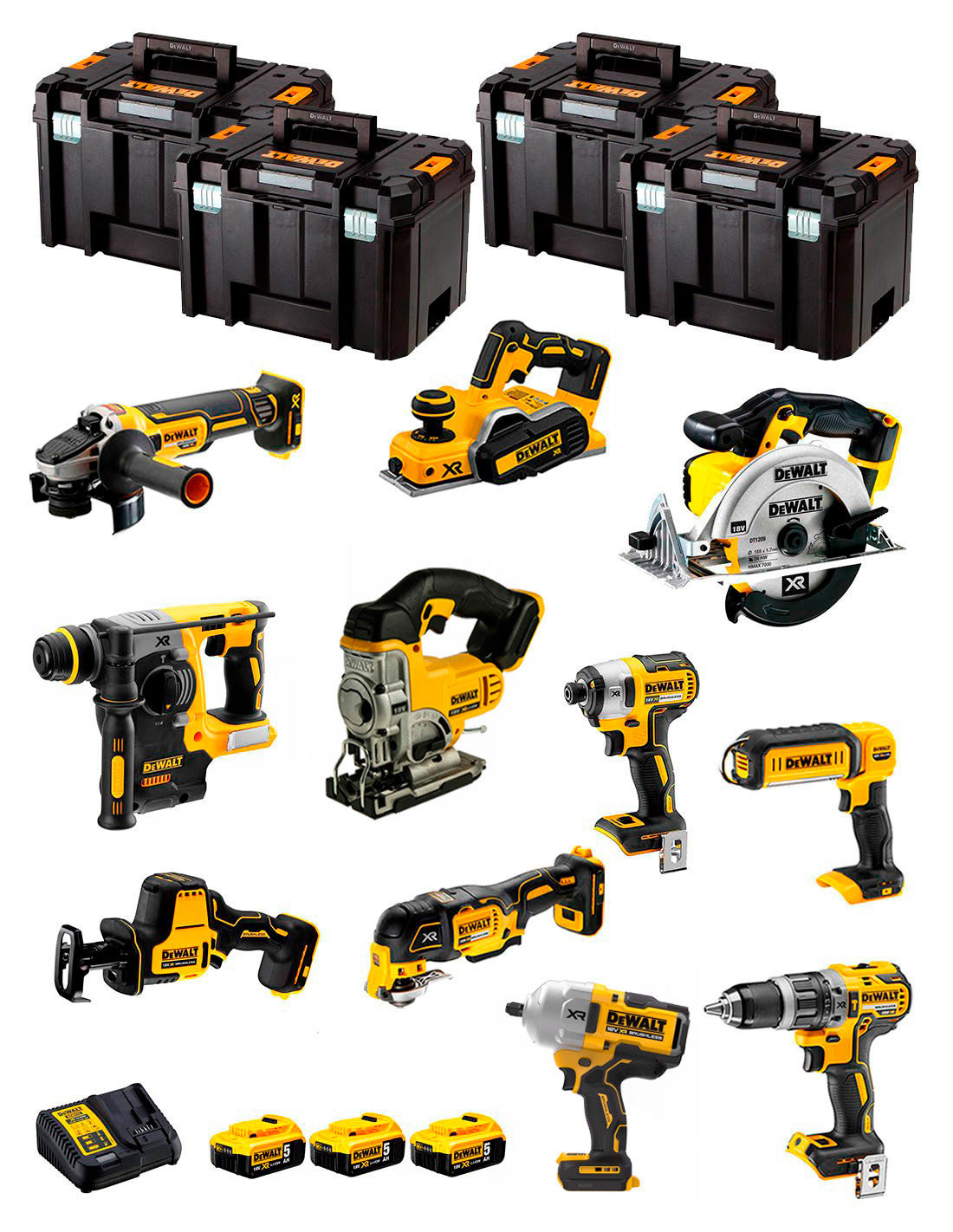 Kit Dewalt 11 herramientas + 3bat 5Ah + Cargador DCB115 + 4xTSTAK DCK114P3