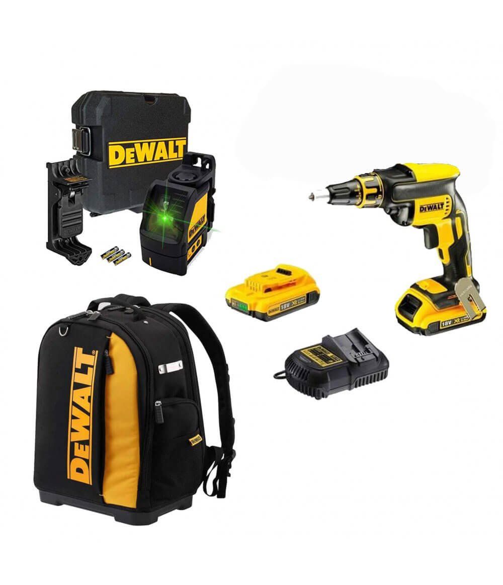 Combo Pladur Screwdriver DCF620 + 2 Bat 2Ah + Laser DW088CG + Dewalt CPROF593 Backpack