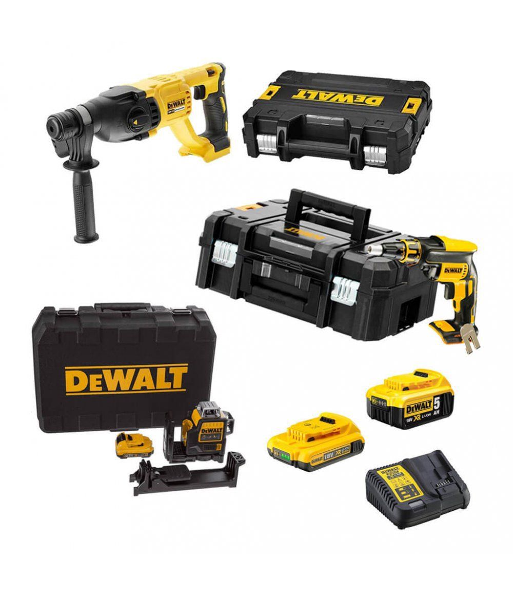 Mega Plasterboard Combo: DCF620 Screwdriver + DCH133 Hammer + DCE089D1R Level + 2 18V Dewalt Batteries