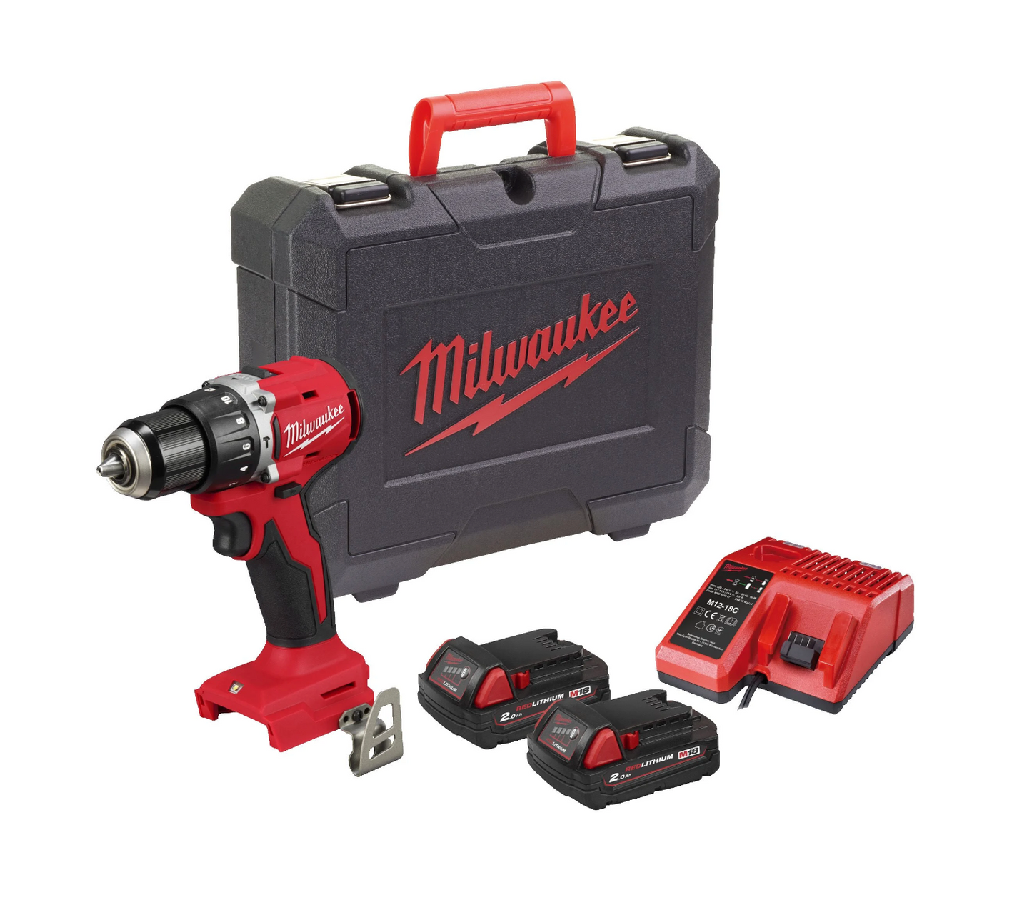 Taladro percutor compacto M18 + 2 baterias 2Ah + cargador + maletin Milwaukee M18 BLPDRC-202C