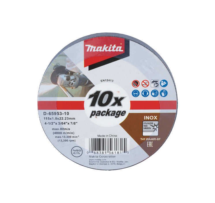 Box of 10 Makita D-65953-10 115mm Stainless Steel Cutting Discs