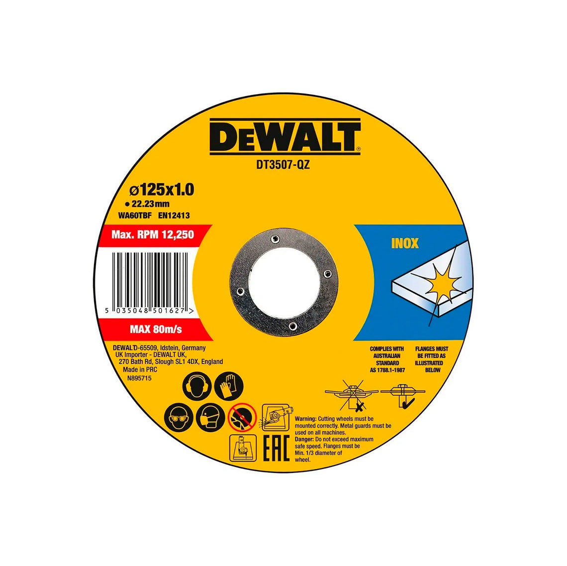 Lata con 10 discos de corte de alto desempeño para acero inox 125x1 DT3507 Dewalt